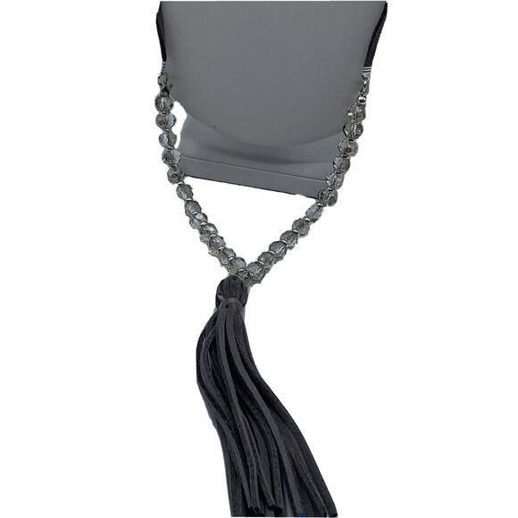 You and I Suede Tassel necklace Gray Crystal Long Necklace 32" + 4.5" - Picture 1 of 9
